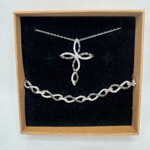 Sterling Silver Crystal Cross Pendant Necklace and Bracelet Set